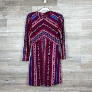 Free People Red and Blue Patterned Long Sleeve Dress